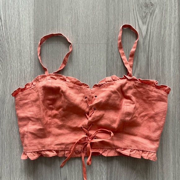 Wilfred Tops - Wilfred Coral Lace-Up Linen Crop Top with Ruffle Trim